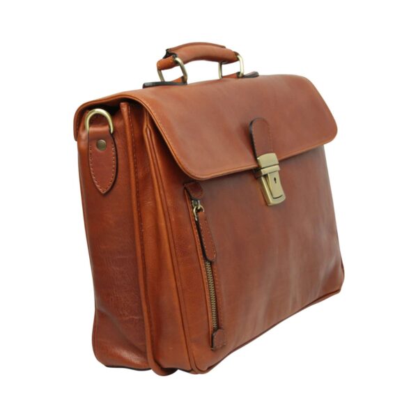 Side view of tan brown leather briefcase with brass lock and zipper pocket