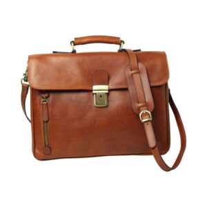 Front view of light brown leather briefcase with shoulder strap, brass lock, and vertical zipper pocket