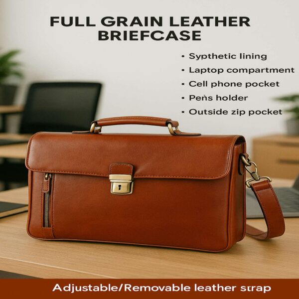 Technical specifications infographic for tan brown Full Grain Leather Briefcase with a list of features and office background