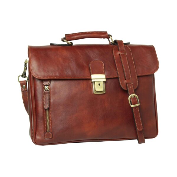 Front view of tan brown leather briefcase with shoulder strap, brass lock, and vertical zipper pocket