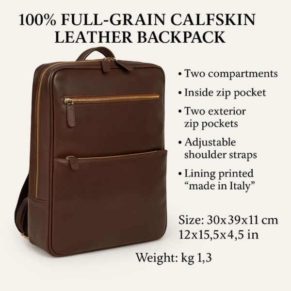 Front view of dark brown leather backpack with two zippered front pockets and slim profile Technical specifications infographic for dark brown Calfskin Leather Backpack with feature list, dimensions, and weight