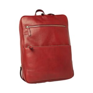 Front view of red leather backpack with two zippered front pockets and slim profile