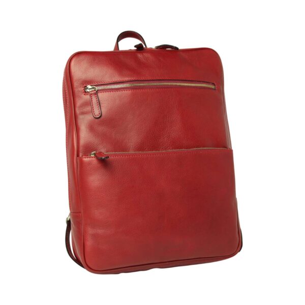 Front view of red leather backpack with two zippered front pockets and slim profile