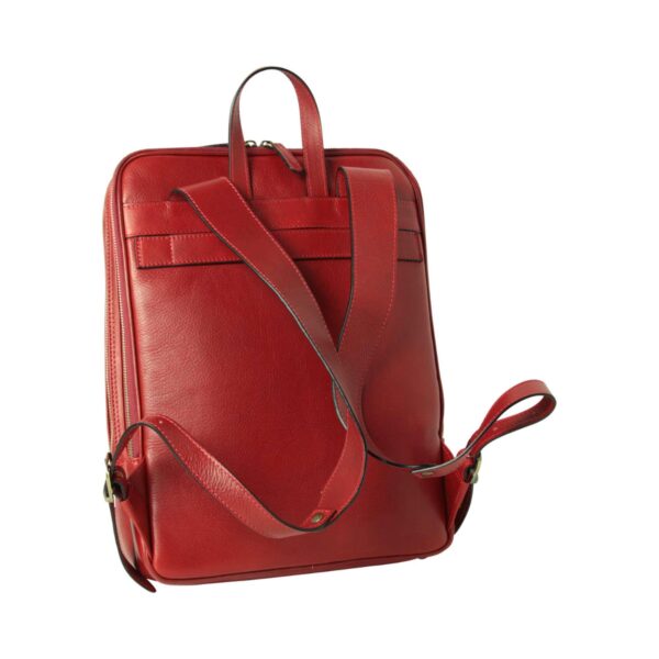 Back view of red leather backpack with adjustable shoulder straps and top carry handle