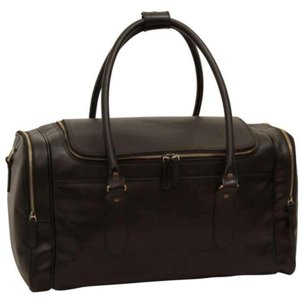A dark brown, high-quality leather duffel bag featuring a double-zippered main compartment, tall rounded carry handles with a leather wrap, and gold-toned metal hardware on a plain white background.