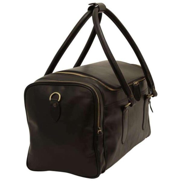 A side-view of a large black leather duffel bag, showing a zippered end pocket with a leather pull tab, a side-mounted gold-toned D-ring for a shoulder strap, and the curve of the main top handles against a white background.