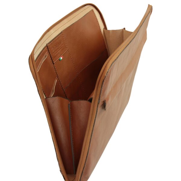 An angled view of an open tan leather folio case against a white background. The interior features several internal pockets, two pen holders, and a small embossed Italian flag detail. The sturdy leather is complemented by a tan zipper along the perimeter, and the case opens wide to display its well-organized contents.