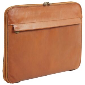 A classic tan leather laptop sleeve featuring a smooth, natural grain finish, a horizontal front pocket with a small bronze-tone logo, and a matching wrap-around zipper with dual metal pulls.