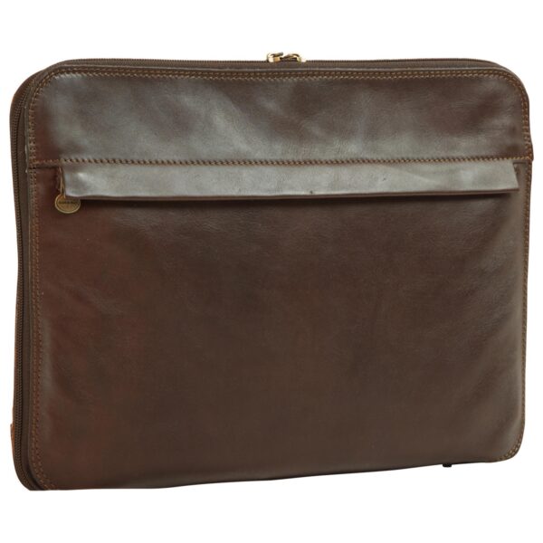 A dark brown, polished leather document portfolio or laptop sleeve featuring a full-length front zippered pocket concealed by a leather flap. The case is secured with a perimeter zipper and features a small "Made in Italy" brass charm at the front pocket.