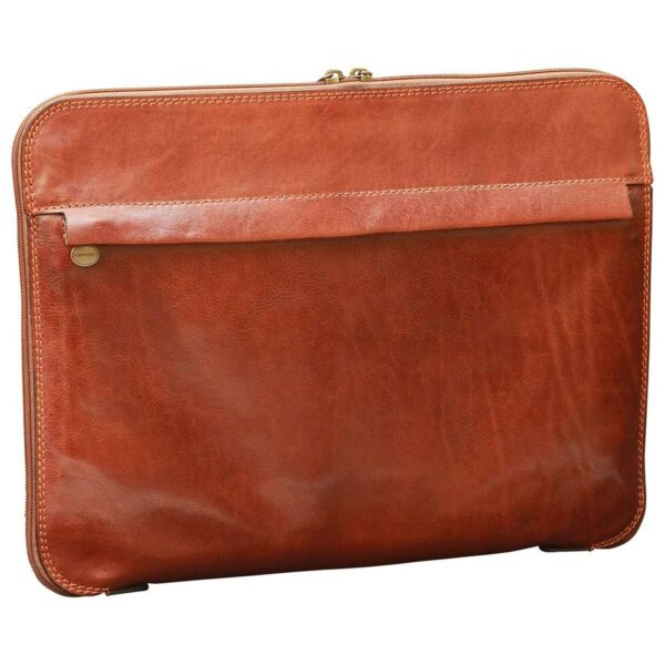 A rich, hand-burnished brown leather laptop sleeve with a horizontal front pocket, accented by small gold-tone metal and a durable top zipper.