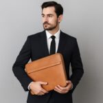 Genuine full-grain calfskin leather portfolio bag with organized interior slots, slim minimalist design, and elegant professional finish