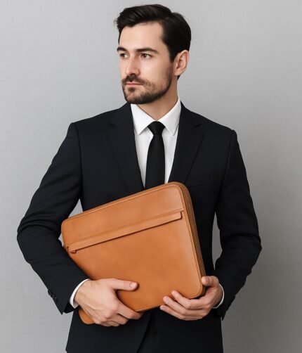 Genuine full-grain calfskin leather portfolio bag with organized interior slots, slim minimalist design, and elegant professional finish