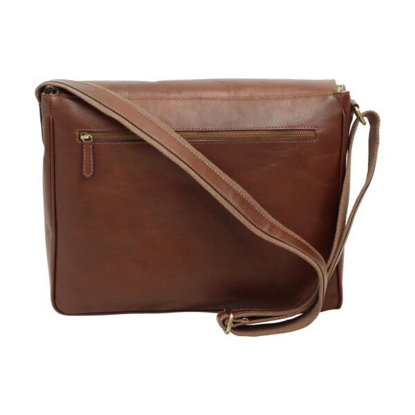 The back view of a brown leather messenger bag, featuring a horizontal zippered pocket with a leather pull and a long canvas shoulder strap.