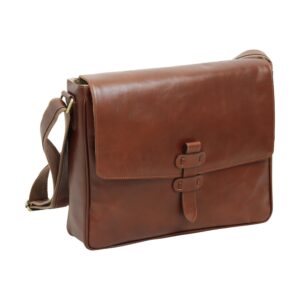 A three-quarter front view of a tan leather messenger bag featuring a large rectangular flap and a vertical leather strap closure with two loops. A brown canvas shoulder strap is attached to the side with brass hardware.