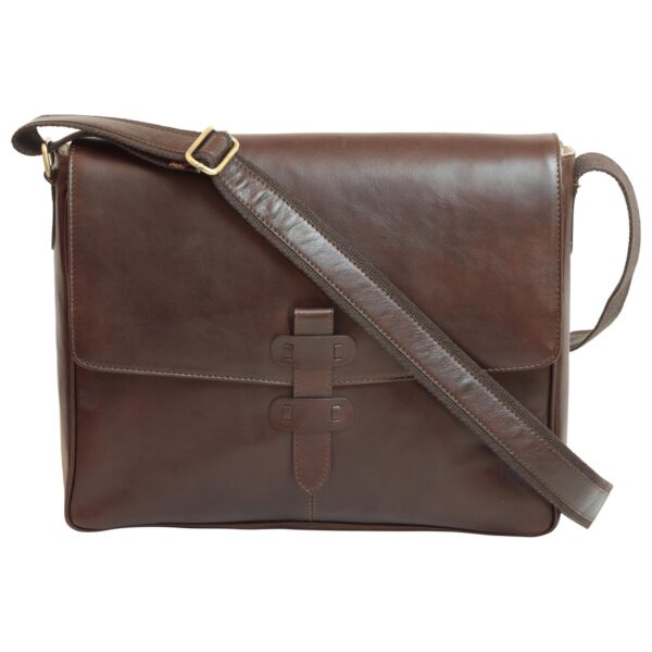 A front view of a dark brown leather messenger bag featuring a single large flap and a vertical leather strap closure with two buckle loops. A brown canvas shoulder strap with leather trim crosses over the front.