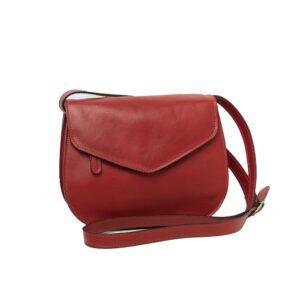 A small, red leather crossbody bag with a curved saddle-shaped silhouette and an envelope-style flap closure, featuring a matching adjustable leather shoulder strap against a plain white background.