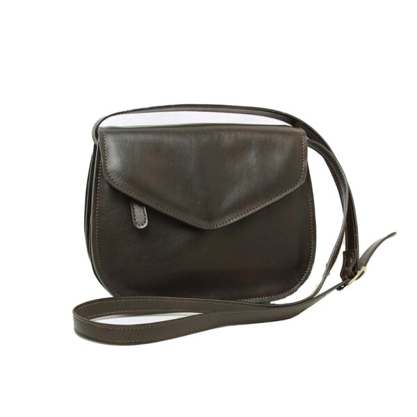A small, dark brown leather crossbody bag with a curved base and a pointed envelope-style front flap, featuring visible stitching and a matching adjustable leather strap, set against a plain white background.