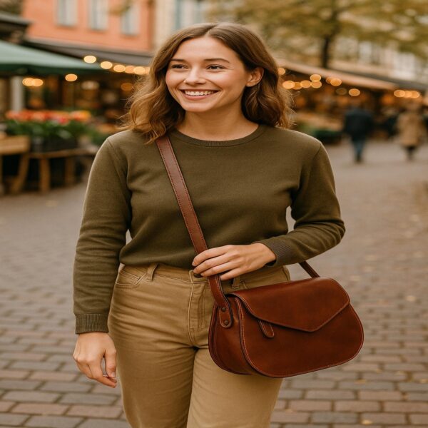 A smiling young woman with wavy brown hair walks down a cobblestone street, wearing an olive green sweater, tan trousers, and a brown leather crossbody saddle bag. The background shows a blurred European-style outdoor market with warm string lights.