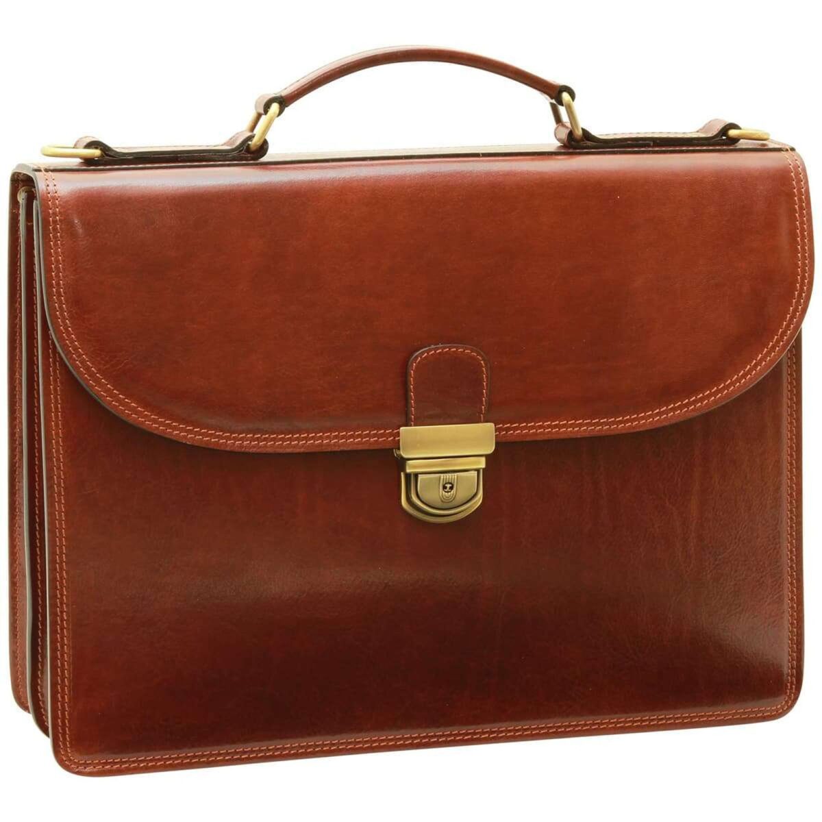 il_fullxfull.6888671727_dt0t.jpg Front view of a classic brown leather briefcase with a large flap closure, sturdy top handle, and brass tuck lock