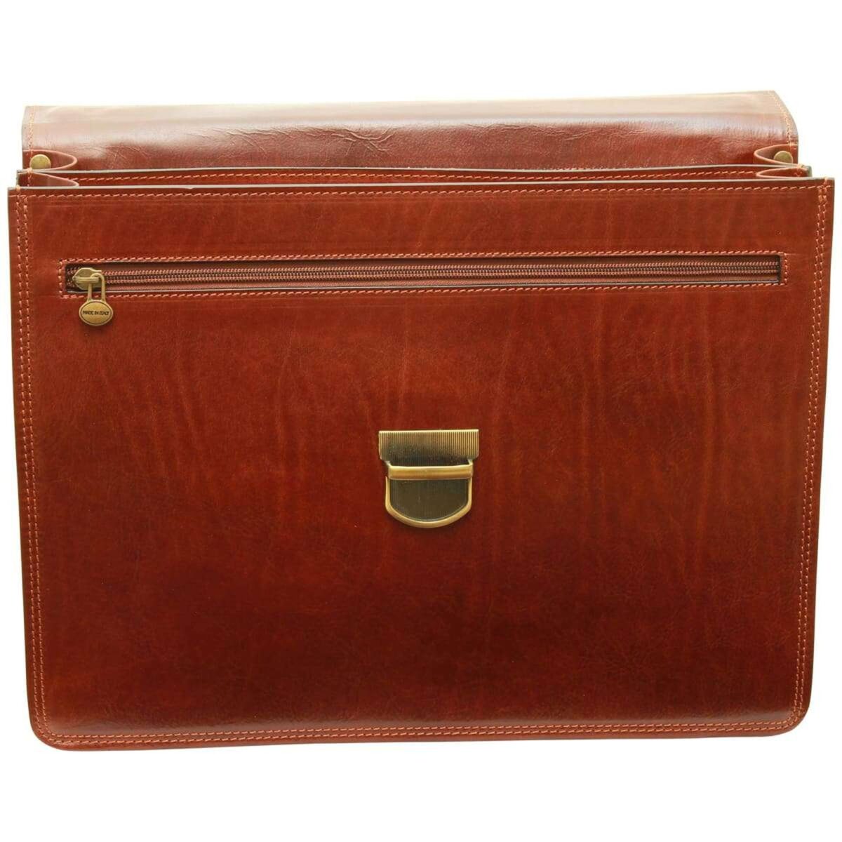 il_fullxfull.6888671729_8wm4.jpg Front view of an open brown leather briefcase showing the front panel with a horizontal zippered pocket and brass tuck lock mechanism