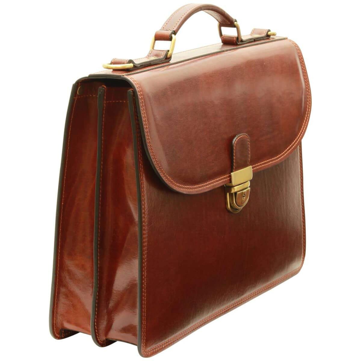 il_fullxfull.6888671737_929l.jpg Three-quarter side view of a polished brown leather briefcase with double internal compartments, top handle, and brass lock