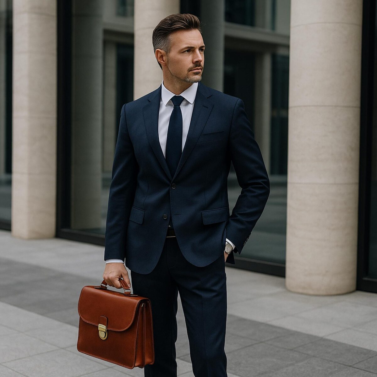 il_fullxfull.6888671777_lxne-1.jpg Lifestyle image of a professional man in a navy blue suit holding a tan leather briefcase in a modern urban office setting