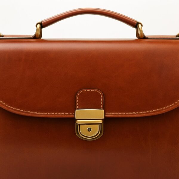 Close-up detail of tan leather briefcase featuring a brass tuck lock fastener and a sturdy top carry handle