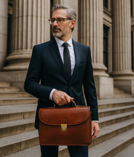 Luxury leather briefcase made from full-grain Italian leather, handcrafted with compartments for a 15-inch laptop and professional daily use.