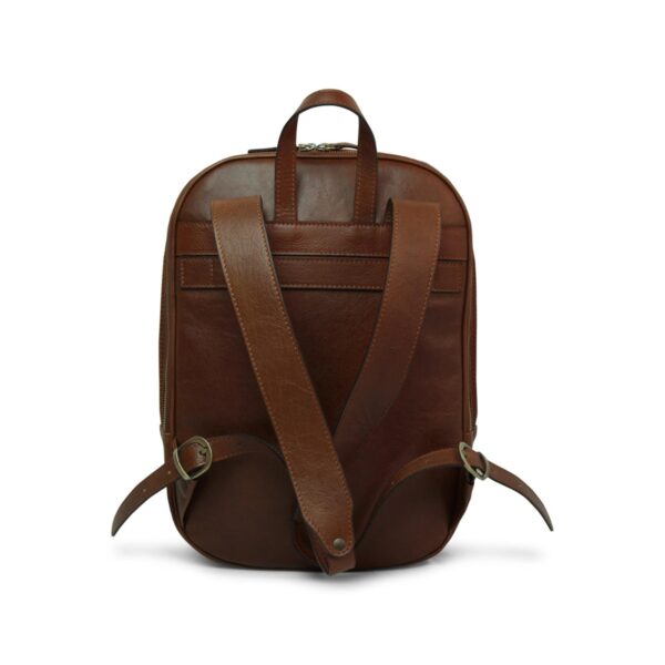 Back view of brown leather backpack with adjustable shoulder straps, trolley strap, and top carry handle