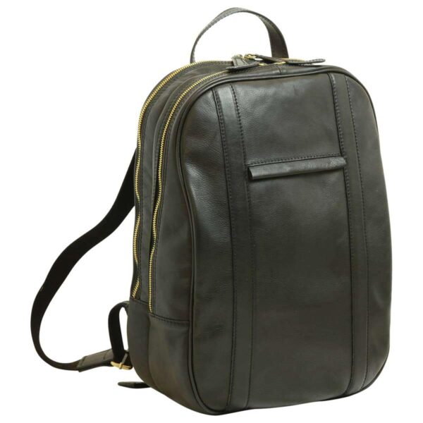 Front view of black leather backpack with multiple zippered compartments and curved top design