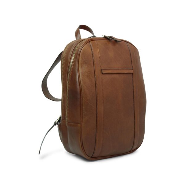 Front view of tan brown leather backpack with multiple zippered compartments and curved top design