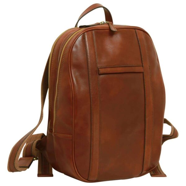 Front view of tan brown leather backpack with multiple zippered compartments and curved top design