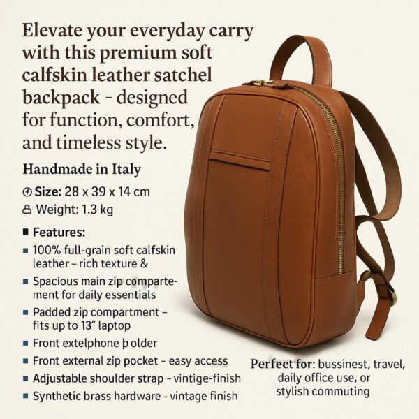 Technical specifications infographic for tan brown soft calfskin leather satchel backpack with feature list, dimensions, and weight