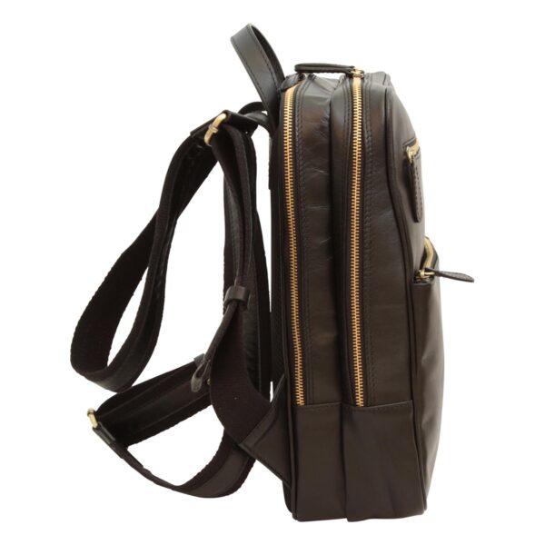 `Dark brown genuine leather laptop backpack with antique gold double zippers, side zip pocket, adjustable canvas shoulder straps and top carry handle, side angle view`