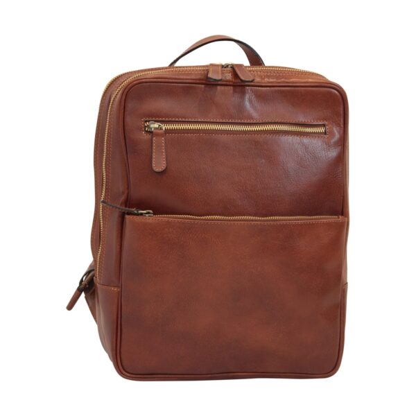 `Tan genuine leather laptop backpack with antique gold top and front zip pockets, large front pocket, side zipper, adjustable shoulder straps and top carry handle, front view`