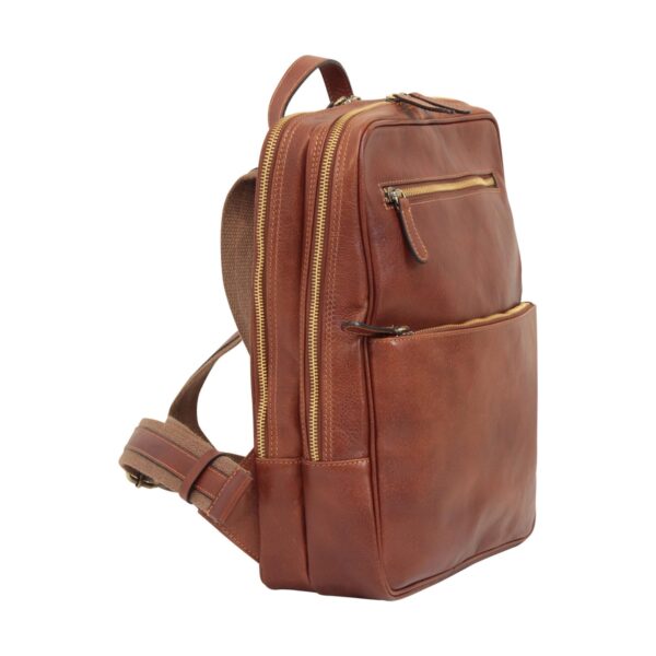 `Tan genuine leather laptop backpack with antique gold side zipper, front zip pocket, large bottom pocket, adjustable canvas shoulder straps and top carry handle, front angle view`