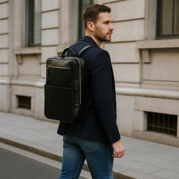 `Man in navy blazer and jeans wearing a black genuine leather laptop backpack with gold front zip pocket walking on city street, professional men's bag lifestyle shot`