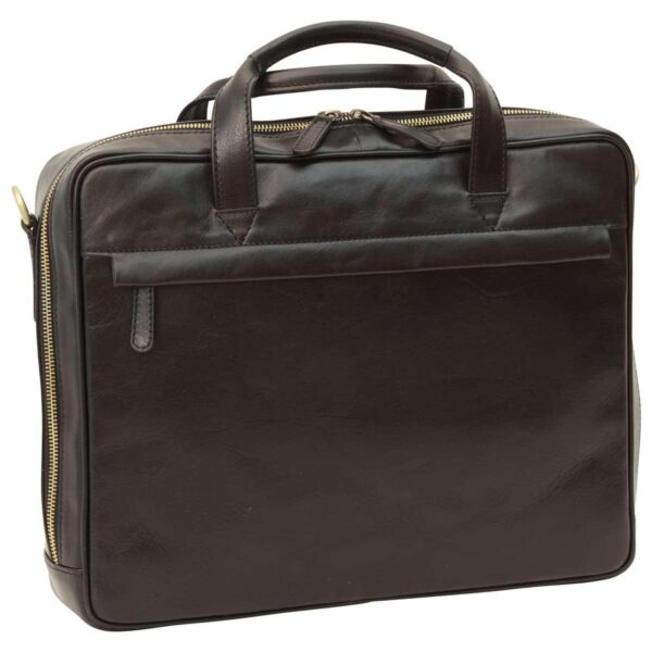 `Dark brown genuine leather laptop briefcase with antique gold double zipper closure, front slip pocket, double top handles and side shoulder strap attachment, front view`