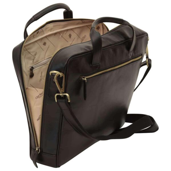 `Dark brown genuine leather laptop briefcase shown open revealing Old Angler branded beige interior lining, antique gold zipper and carabiner clip, front zip pocket, double top handles and adjustable shoulder strap`