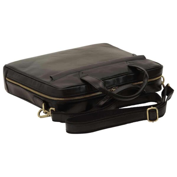 `Black genuine leather laptop briefcase with antique gold zippers, double top handles and detachable adjustable shoulder strap, top-down angle view showing slim profile`