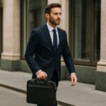 Premium full-grain calfskin leather briefcase with minimalist design and padded laptop compartment for professional use.