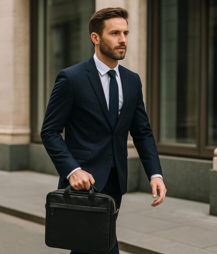 Premium full-grain calfskin leather briefcase with minimalist design and padded laptop compartment for professional use.