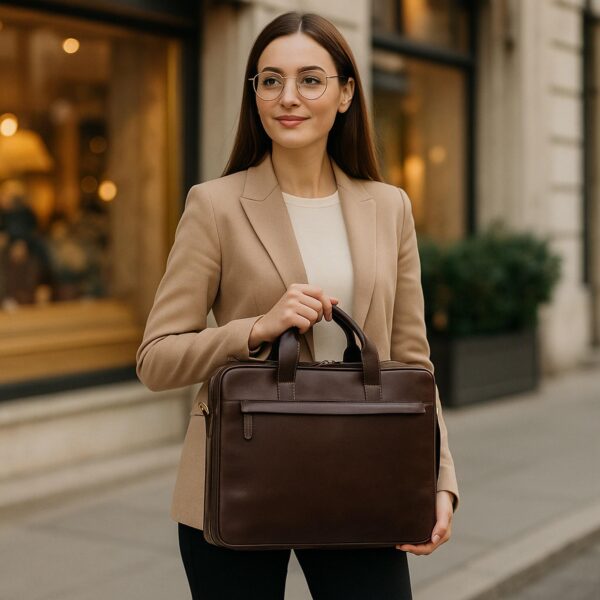 `Woman in beige blazer holding a dark brown genuine leather laptop briefcase with double top handles and front slip pocket, professional lifestyle shot on city street`