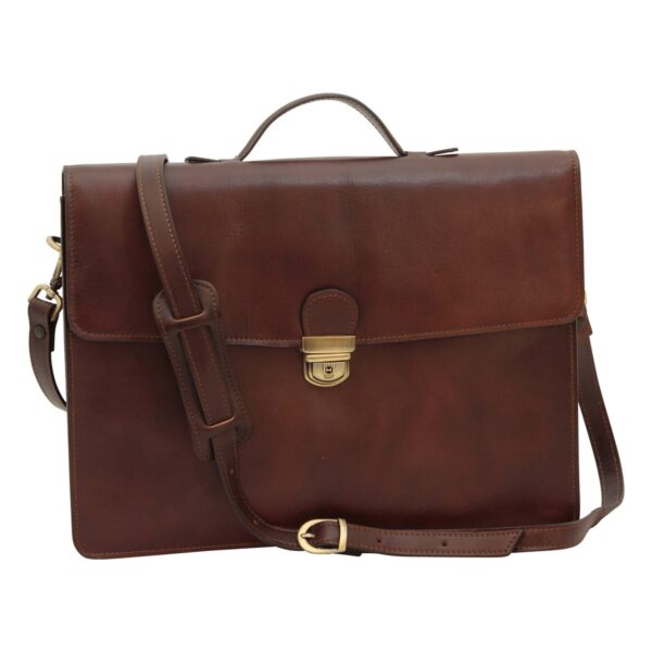 A professional dark brown leather briefcase with a top handle, a brass-toned clasp, and an adjustable shoulder strap featuring a padded section.