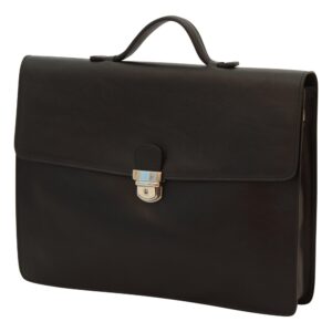 A professional black leather briefcase shown from a three-quarter angle, featuring a matching leather top handle, a silver-toned metal clasp, and visible side depth for storage.