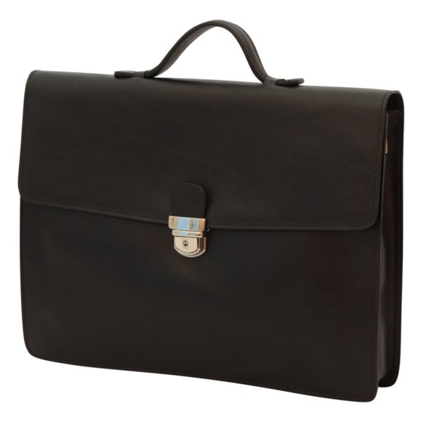 A professional black leather briefcase shown from a three-quarter angle, featuring a matching leather top handle, a silver-toned metal clasp, and visible side depth for storage.