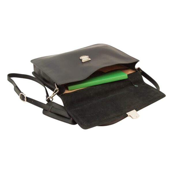 An open black leather briefcase or messenger bag lying flat on a white background, revealing a bright green notebook tucked inside its main compartment. The bag features a silver clasp, an adjustable shoulder strap with a comfort pad, and a suede-lined interior flap.