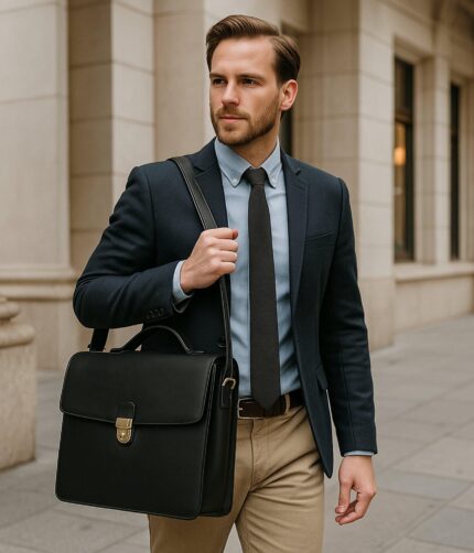 Classic leather briefcase with adjustable strap, laptop compartment, and secure lock