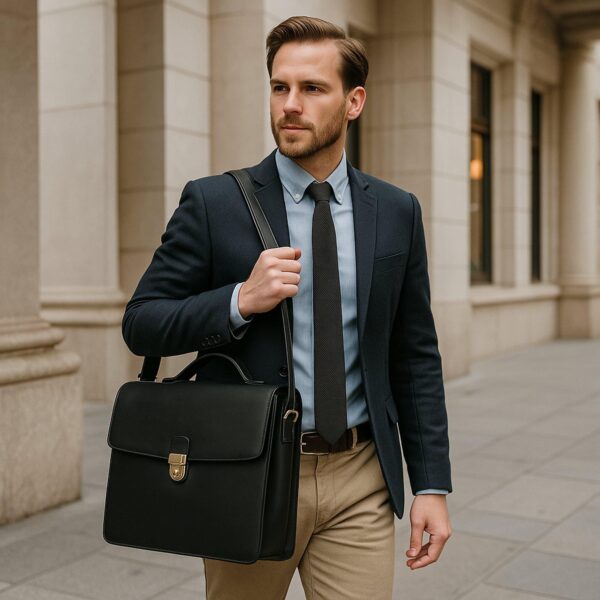 Classic leather briefcase with adjustable strap, laptop compartment, and secure lock