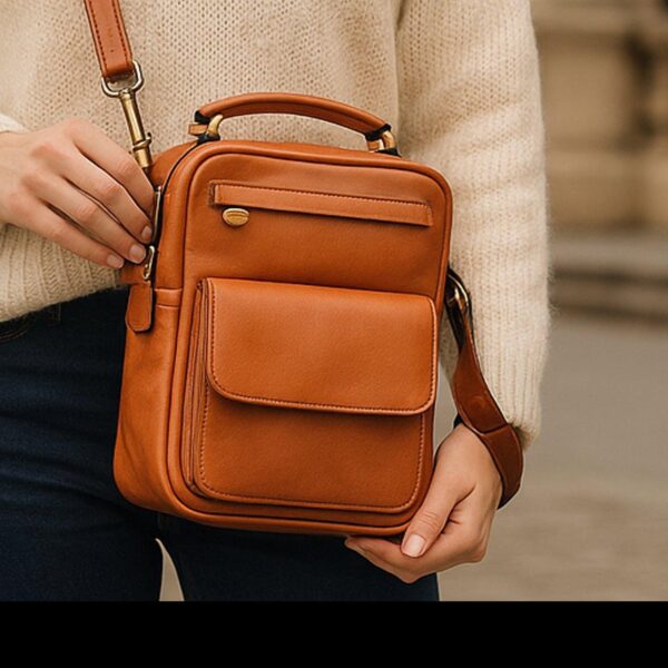 `Woman in cream knit sweater holding a tan genuine leather compact crossbody bag with front flap pocket, slip pocket, gold hardware and top carry handle, close-up lifestyle shot`
